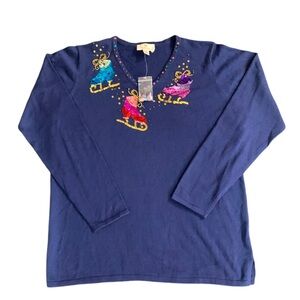 Quacker Factory NWOT Holiday Vneck Top Shimmer Ornament Blue Medium Office Party